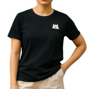 Unbranded Black Crop Naughty Kitty Middle Finger Pocket Shirt